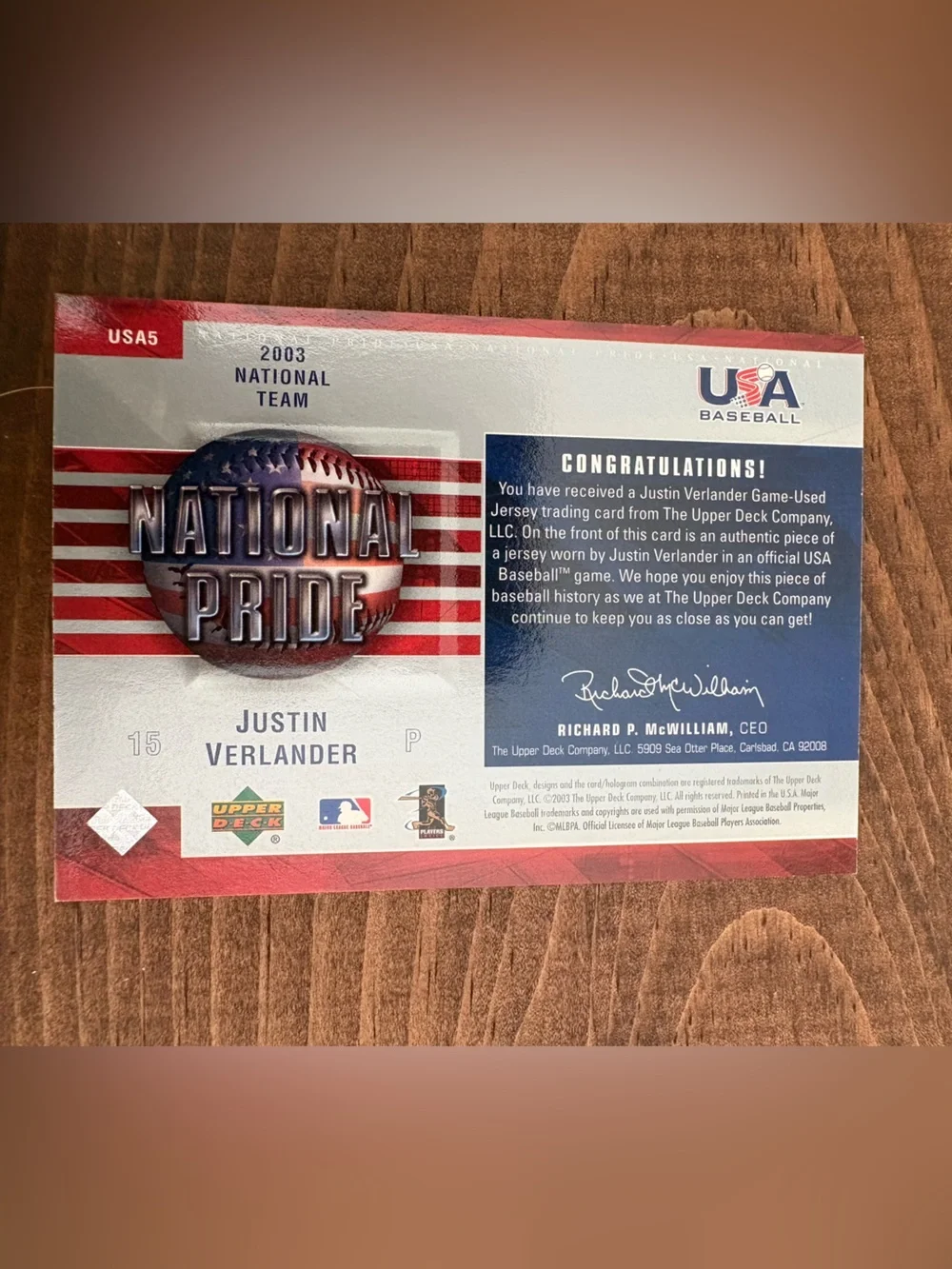 2003 Upper Deck USA Baseball Justin Verlander National Pride Game Used Jersey